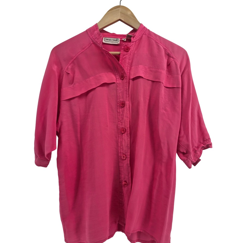 Renzo Realli Silk Blouse Womens 10 Short Sleeve Pink Button Down EUC